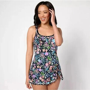 Gottex Scoop Neck Swim Dress with Ruffled Slit Hem Sz 18W Sz 6